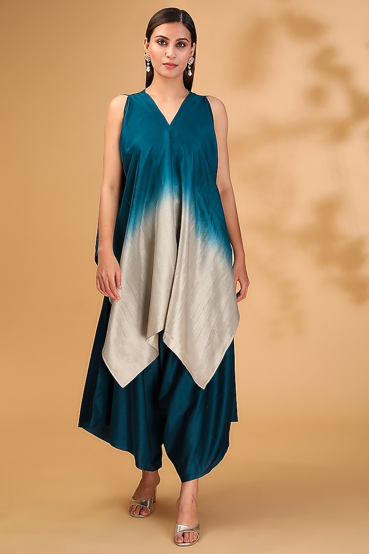 Navy Blue Organza Maal Work Cape Set by Prisho at Pernia's Pop Up Shop