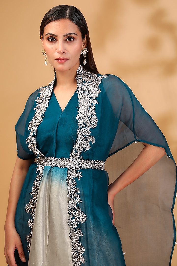 Navy Blue Organza Maal Work Cape Set by Prisho at Pernia's Pop Up Shop