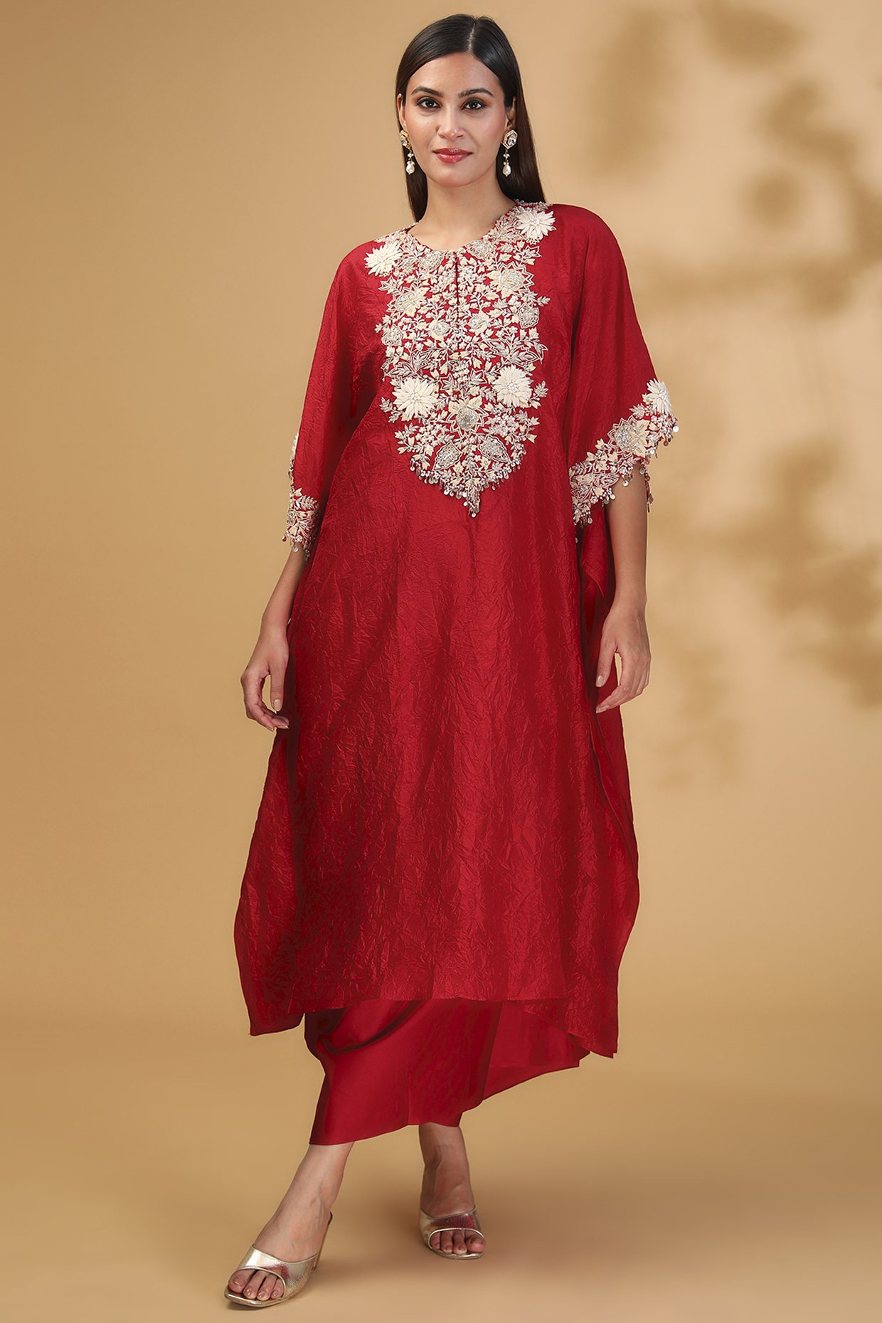 Red Silk Resham Work Kaftan Set by Prisho at Pernia's Pop Up Shop