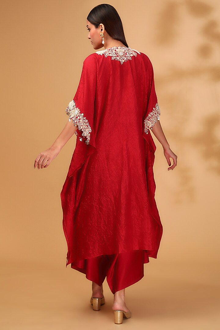 Red Silk Resham Work Kaftan Set by Prisho at Pernia's Pop Up Shop
