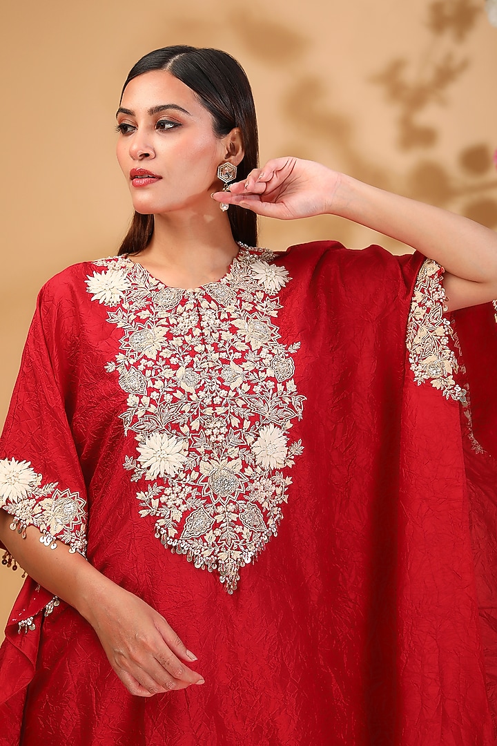 Red Silk Resham Work Kaftan Set by Prisho at Pernia's Pop Up Shop