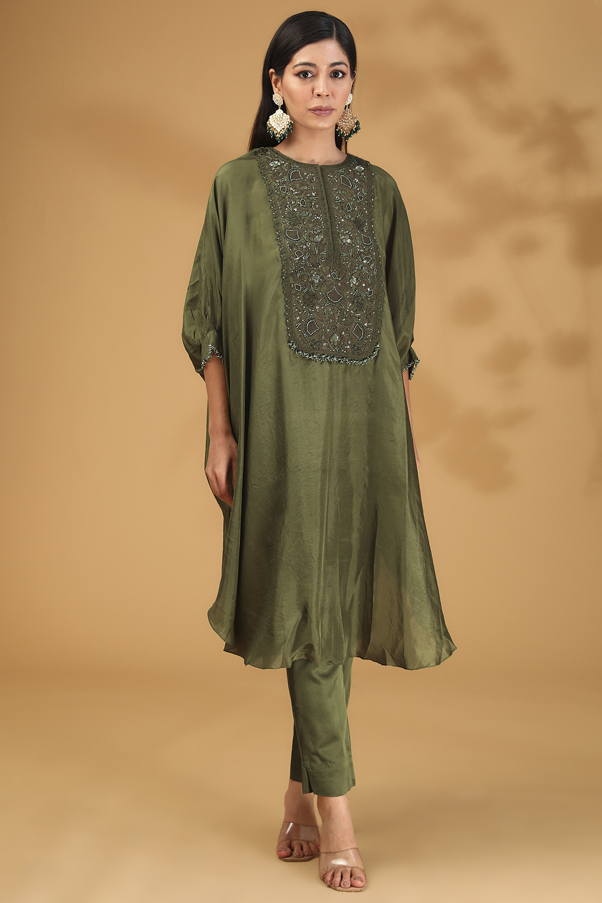 Green Crepe Resham Work Kaftan Set by Prisho at Pernia's Pop Up Shop