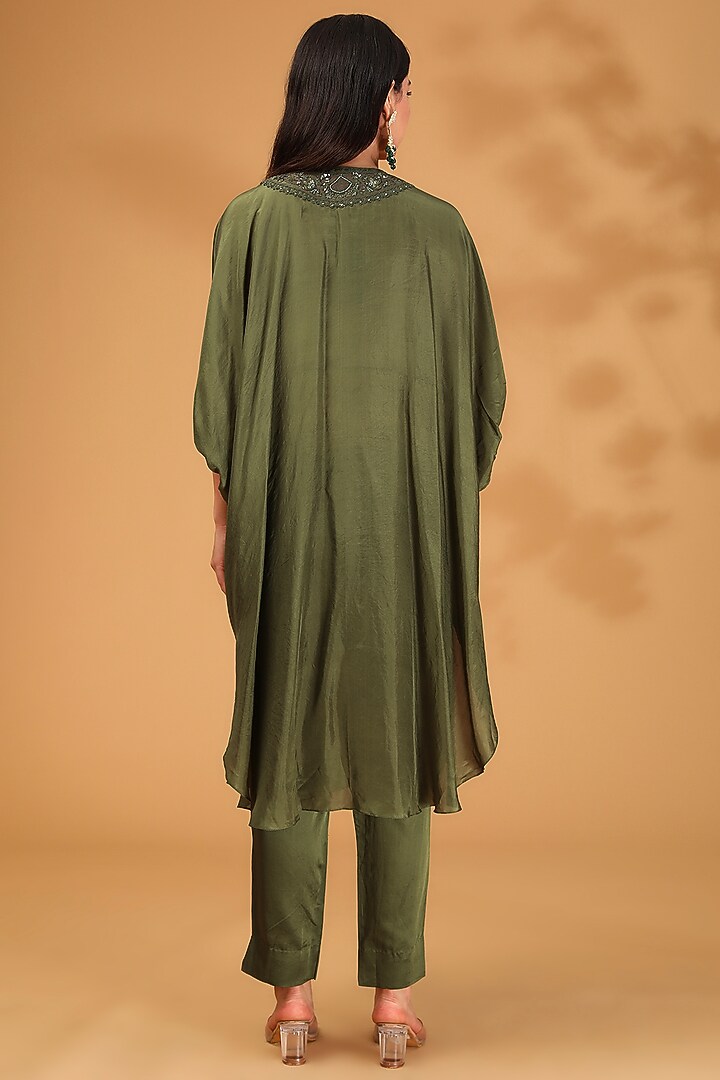 Green Crepe Resham Work Kaftan Set by Prisho at Pernia's Pop Up Shop
