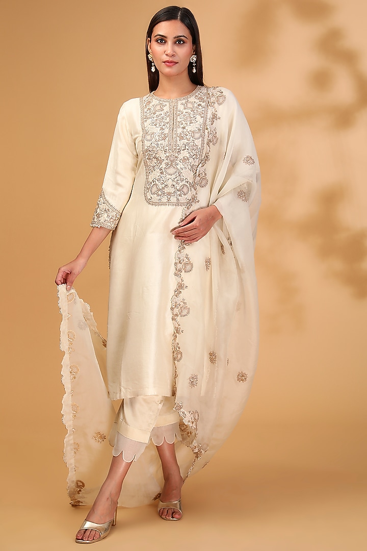 Ivory Silk Dori & Resham Work Kurta Set by Prisho at Pernia's Pop Up Shop
