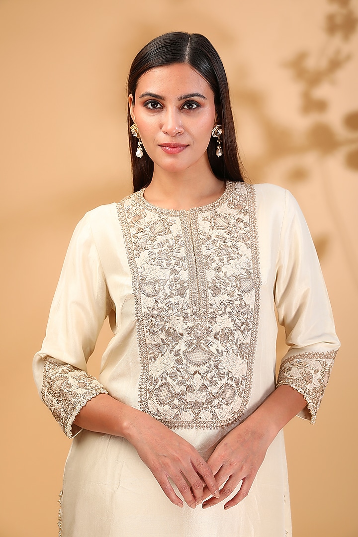 Ivory Silk Dori & Resham Work Kurta Set by Prisho at Pernia's Pop Up Shop