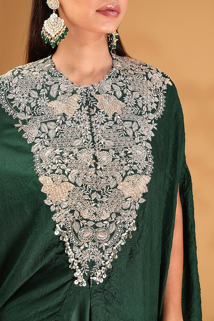Bottle Green Silk Maal Work Kaftan Set by Prisho at Pernia's Pop Up Shop