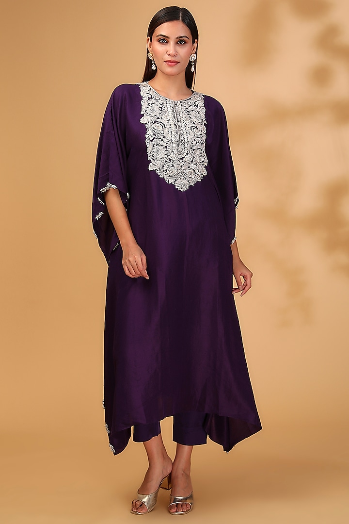 Purple Silk Gota Work Kaftan Set by Prisho at Pernia's Pop Up Shop