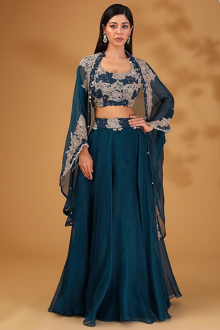 Navy Blue Organza Dori Work Skirt Set by Prisho at Pernia's Pop Up Shop