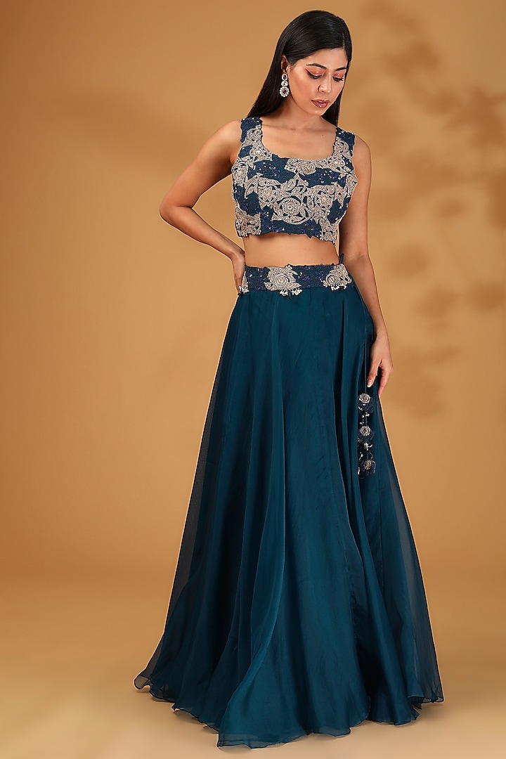 Navy Blue Organza Dori Work Skirt Set by Prisho at Pernia's Pop Up Shop