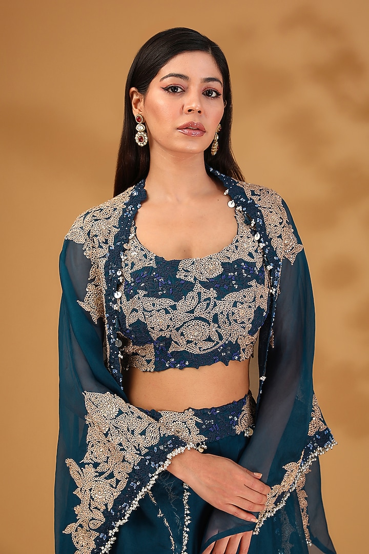 Navy Blue Organza Dori Work Skirt Set by Prisho at Pernia's Pop Up Shop