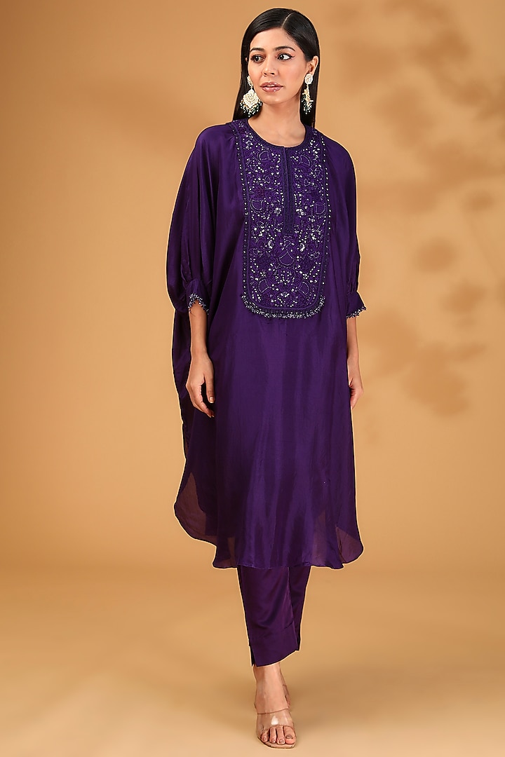 Purple Crepe Resham Work Kaftan Set by Prisho at Pernia's Pop Up Shop