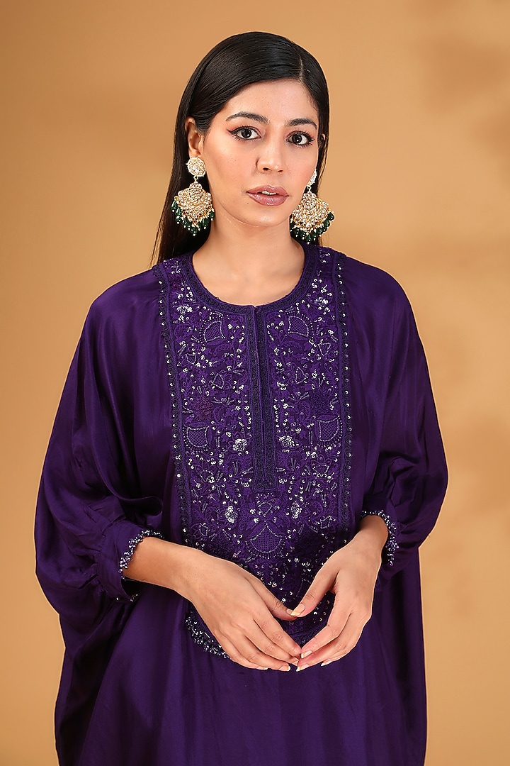 Purple Crepe Resham Work Kaftan Set by Prisho at Pernia's Pop Up Shop