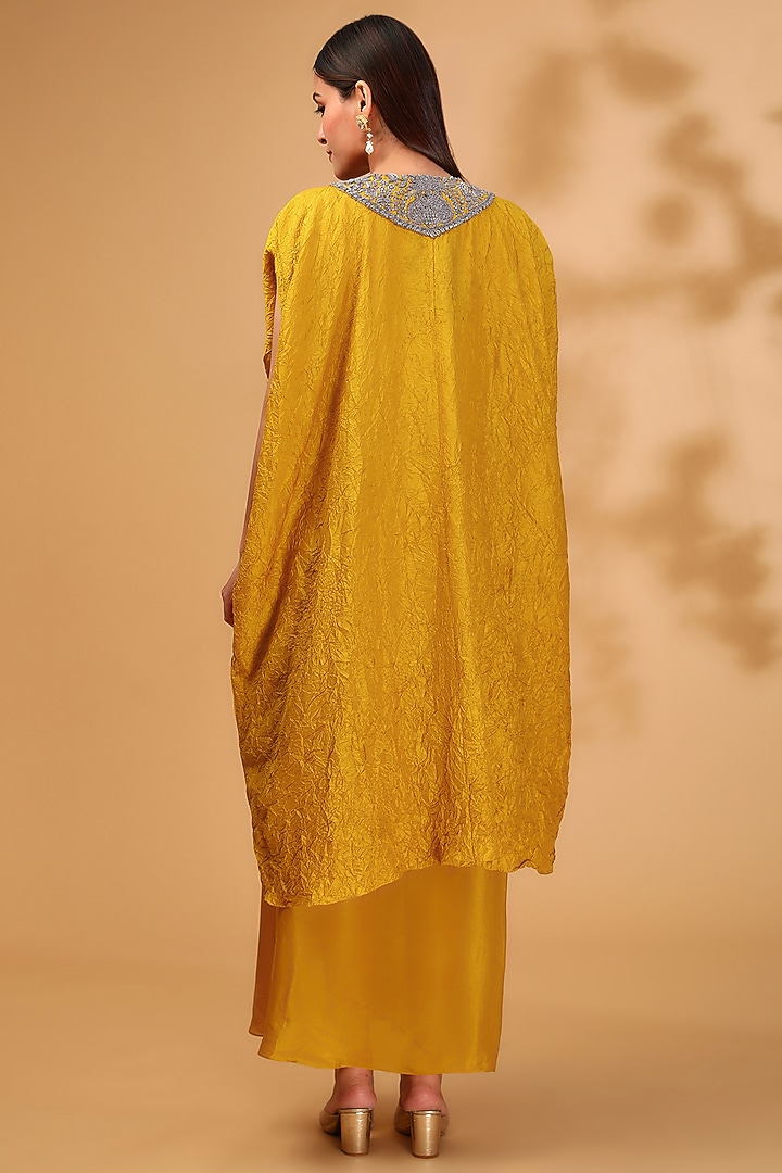 Mustard Silk Antique Work Kaftan Set by Prisho at Pernia's Pop Up Shop