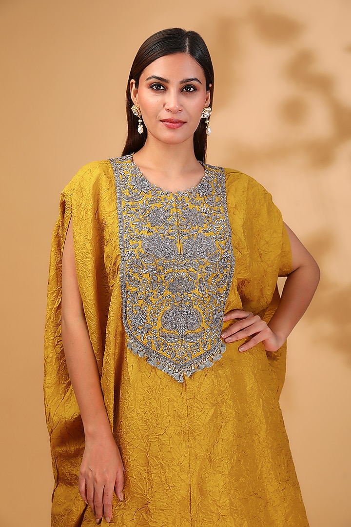 Mustard Silk Antique Work Kaftan Set by Prisho at Pernia's Pop Up Shop