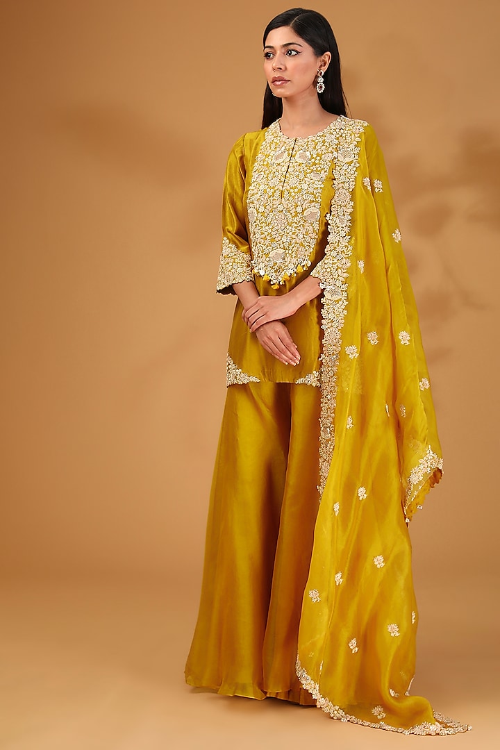 Mustard Organza Wedding Sharara Set by Prisho at Pernia's Pop Up Shop
