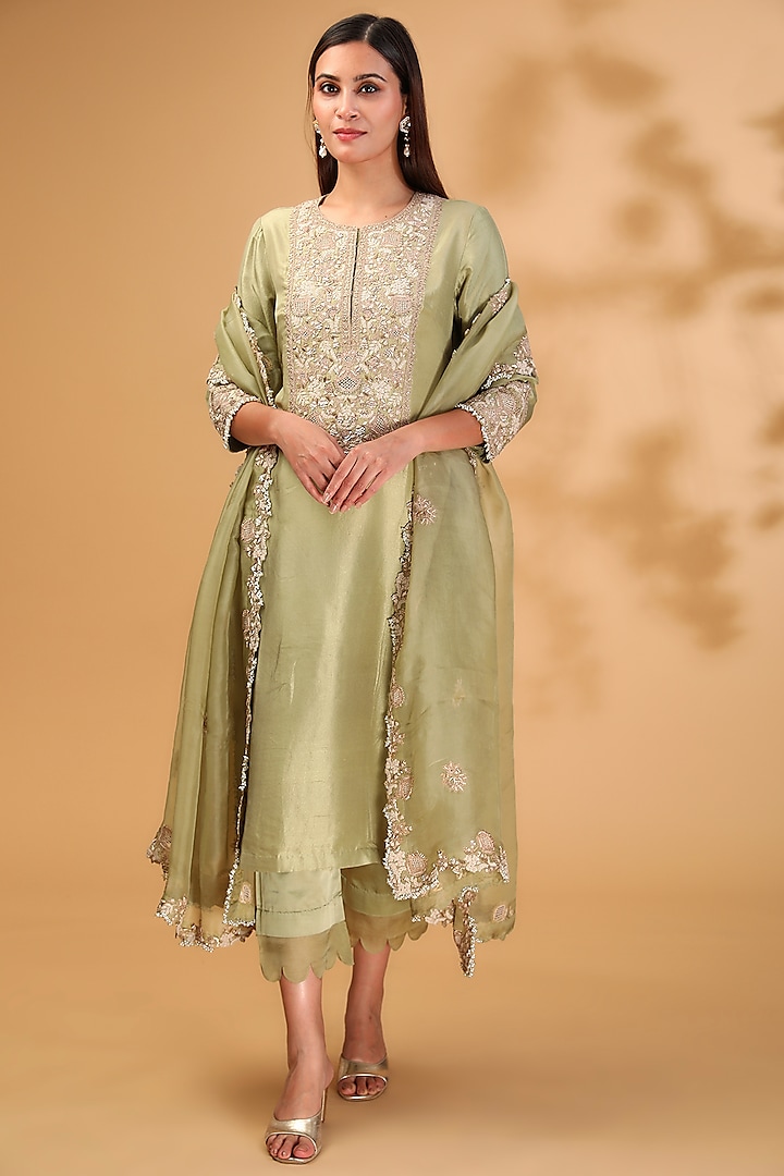 Sea Green Silk Dori Work Kurta Set by Prisho at Pernia's Pop Up Shop