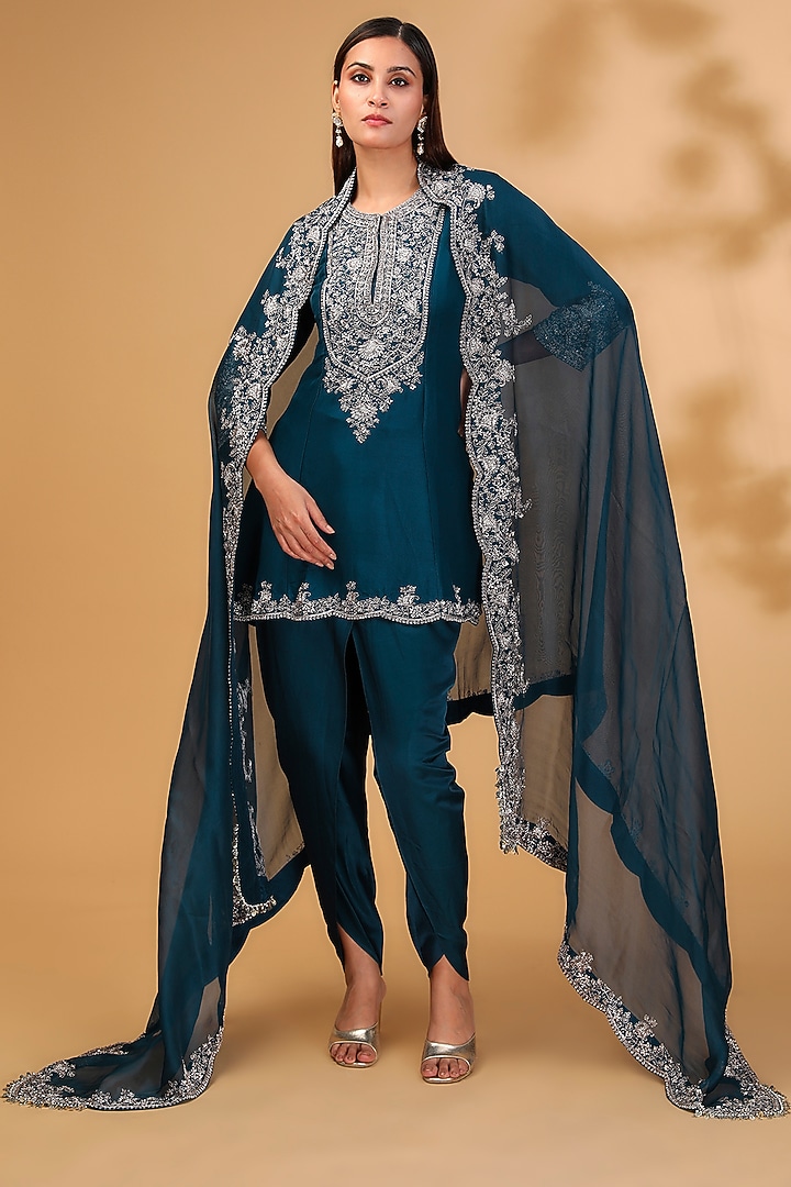 Navy Blue Silk Maal Embroidered Kurta Set by Prisho at Pernia's Pop Up Shop
