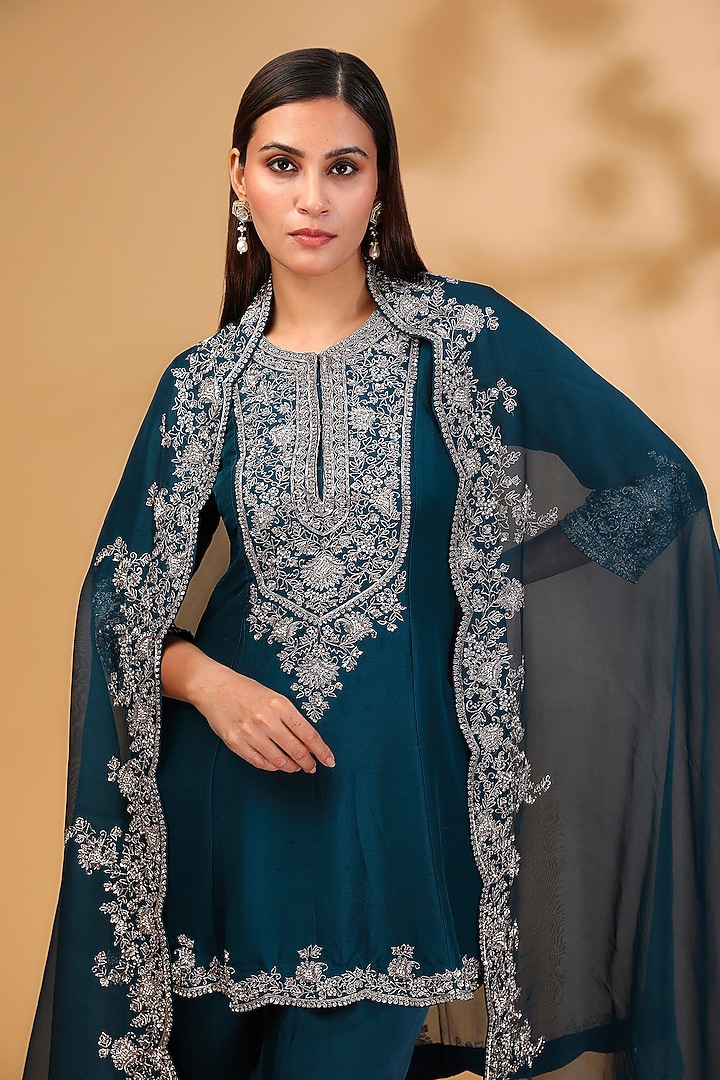 Navy Blue Silk Maal Embroidered Kurta Set by Prisho at Pernia's Pop Up Shop