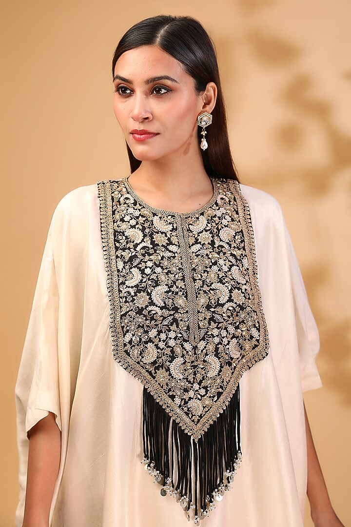 Ivory Silk Dori Embroidered Kaftan Set by Prisho at Pernia's Pop Up Shop