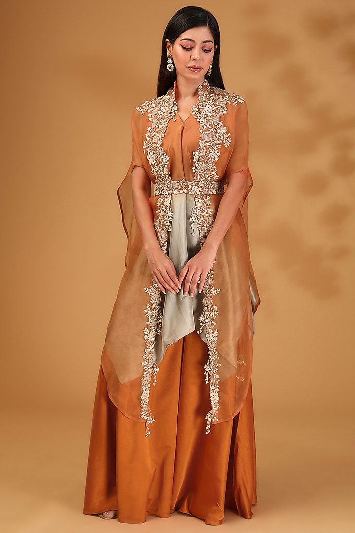 Orange Silk Organza Dori Embroidered Handkerchief Kurta Set by Prisho at Pernia's Pop Up Shop