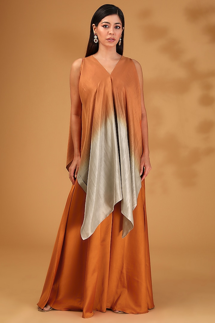 Orange Silk Organza Dori Embroidered Handkerchief Kurta Set by Prisho at Pernia's Pop Up Shop