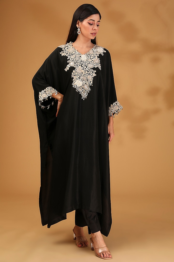 Black Silk Resham Embroidered Kaftan Set by Prisho at Pernia's Pop Up Shop