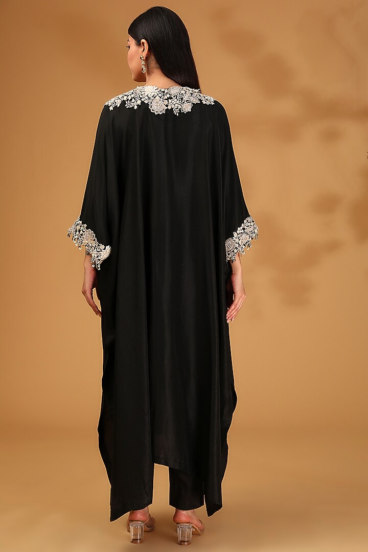Black Silk Resham Embroidered Kaftan Set by Prisho at Pernia's Pop Up Shop