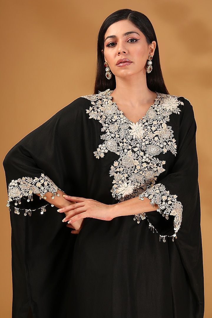 Black Silk Resham Embroidered Kaftan Set by Prisho at Pernia's Pop Up Shop