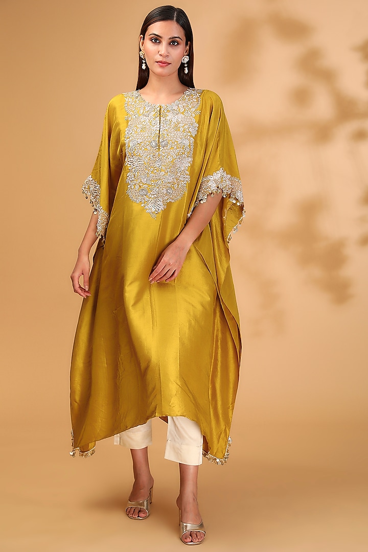 Mustard Silk Resham Embroidered Kaftan Set by Prisho at Pernia's Pop Up Shop