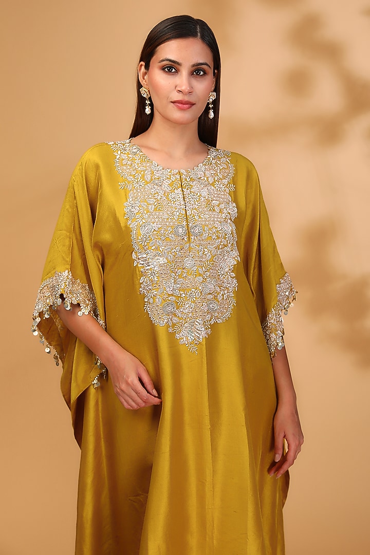 Mustard Silk Resham Embroidered Kaftan Set by Prisho at Pernia's Pop Up Shop