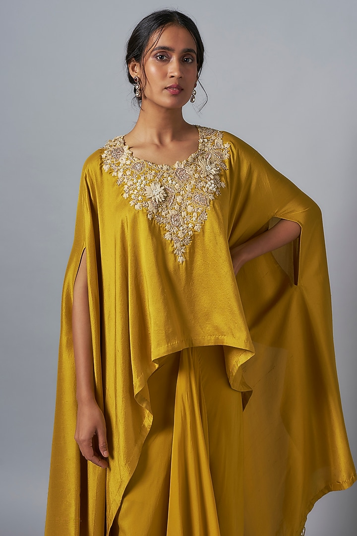 Mustard Silk Resham Work Kaftan Set by Prisho at Pernia's Pop Up Shop
