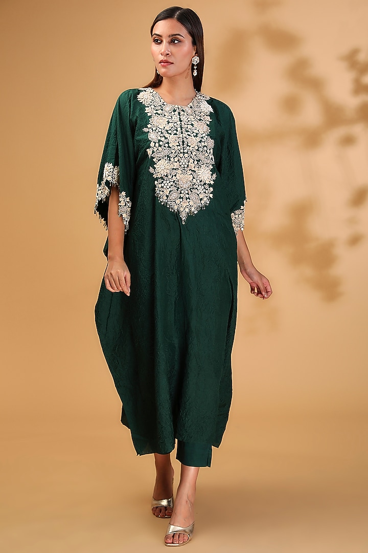 Bottle Green Silk Resham Embroidered Kaftan Set by Prisho at Pernia's Pop Up Shop
