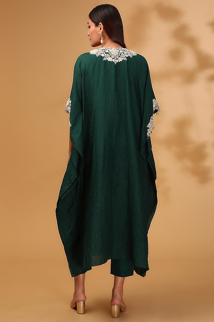 Bottle Green Silk Resham Embroidered Kaftan Set by Prisho at Pernia's Pop Up Shop