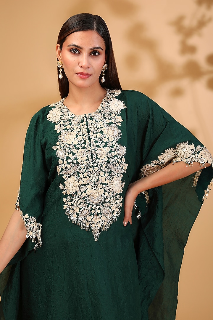 Bottle Green Silk Resham Embroidered Kaftan Set by Prisho at Pernia's Pop Up Shop