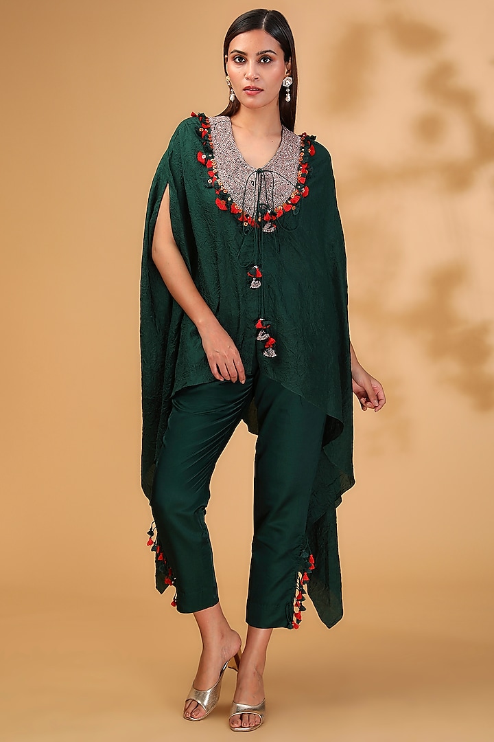 Bottle Green Silk Resham Embroidered Kaftan Set by Prisho at Pernia's Pop Up Shop