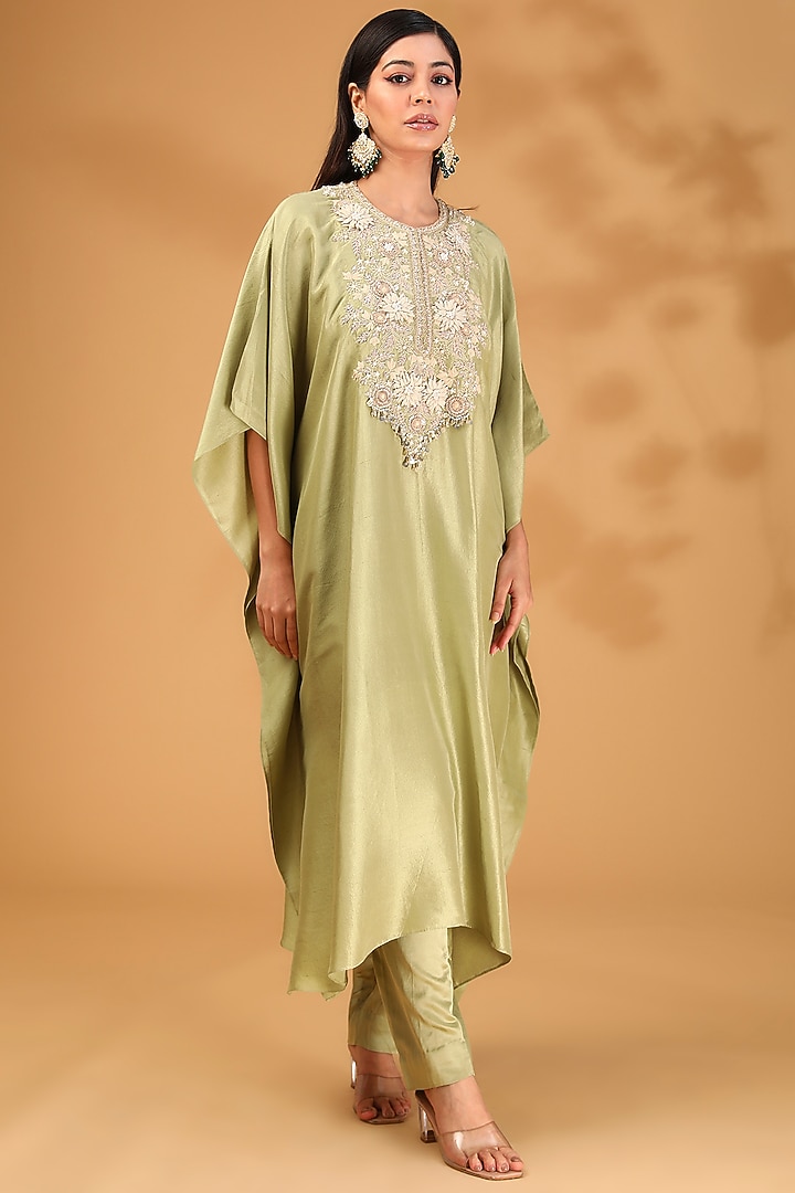 Sea Green Silk Resham Embroidered Kaftan Set by Prisho at Pernia's Pop Up Shop