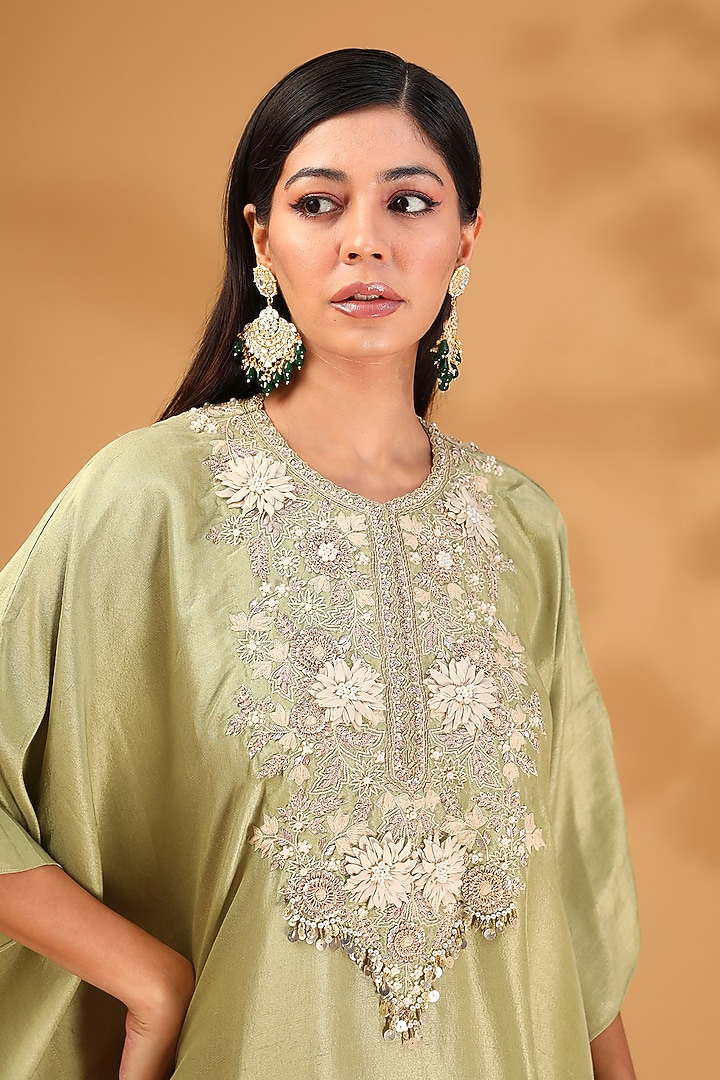 Sea Green Silk Resham Embroidered Kaftan Set by Prisho at Pernia's Pop Up Shop