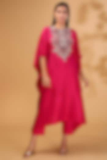 Fuchsia Silk Resham Embroidered Kaftan Set by Prisho at Pernia's Pop Up Shop