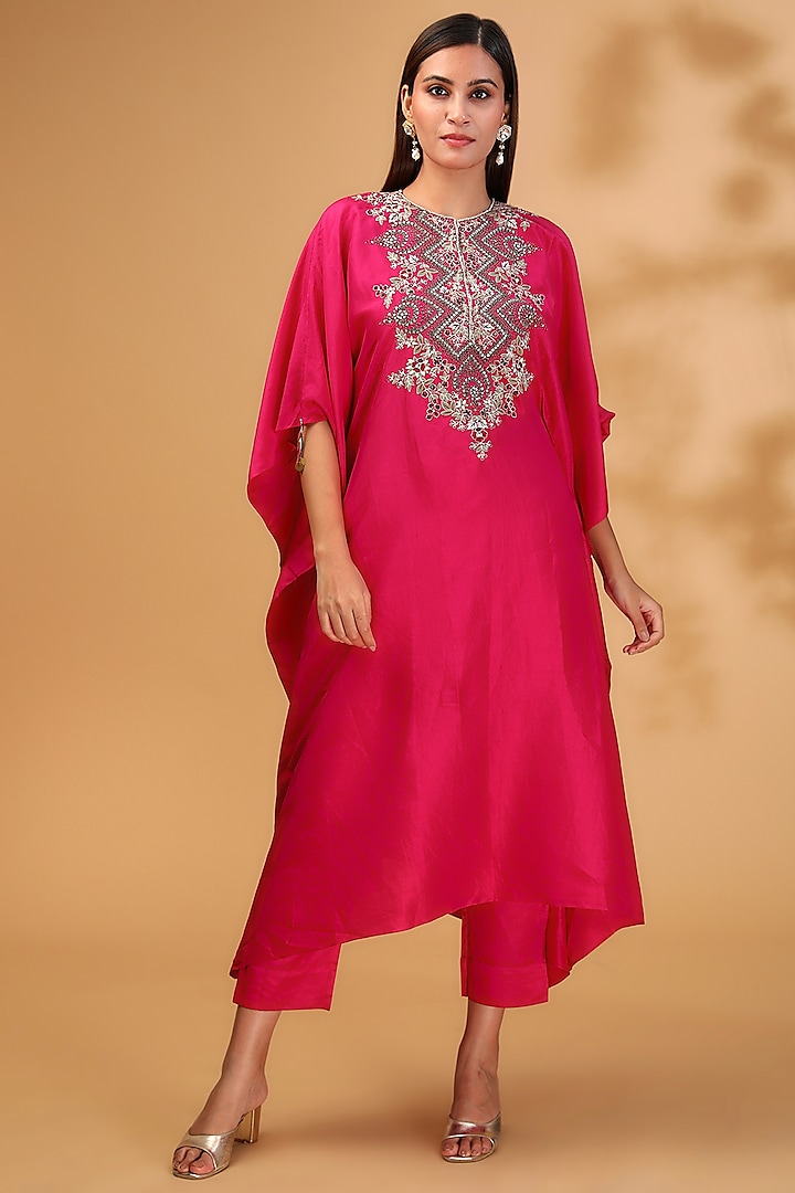 Fuchsia Silk Resham Embroidered Kaftan Set by Prisho at Pernia's Pop Up Shop