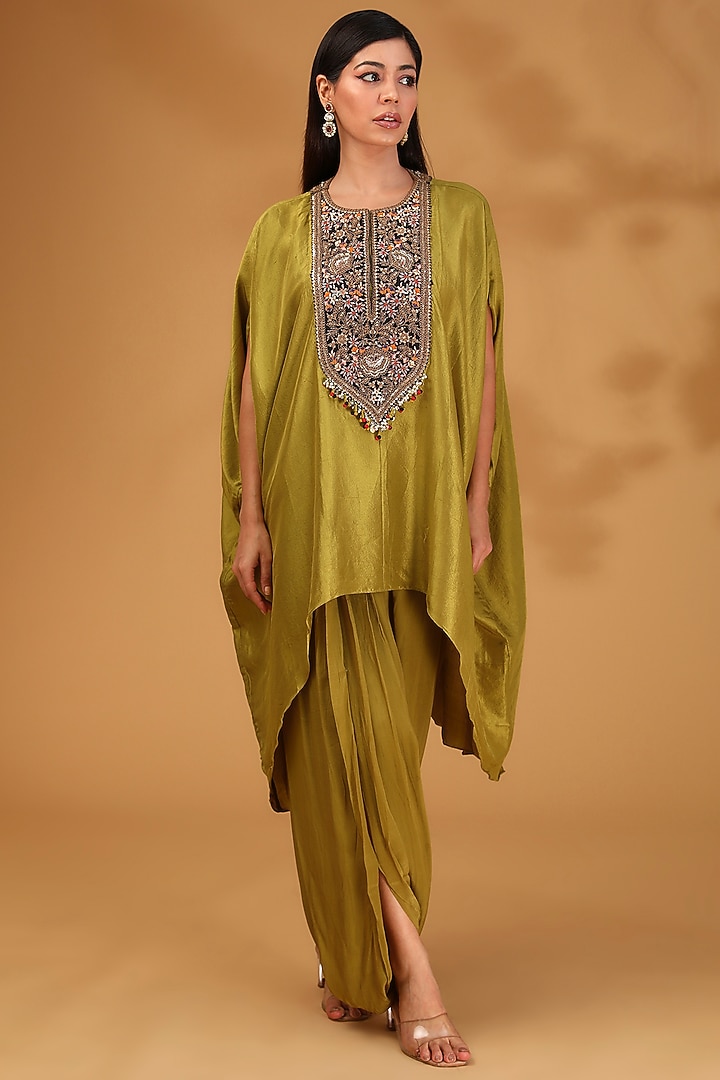 Olive Green Silk Dori Embroidered Kaftan Set by Prisho at Pernia's Pop Up Shop