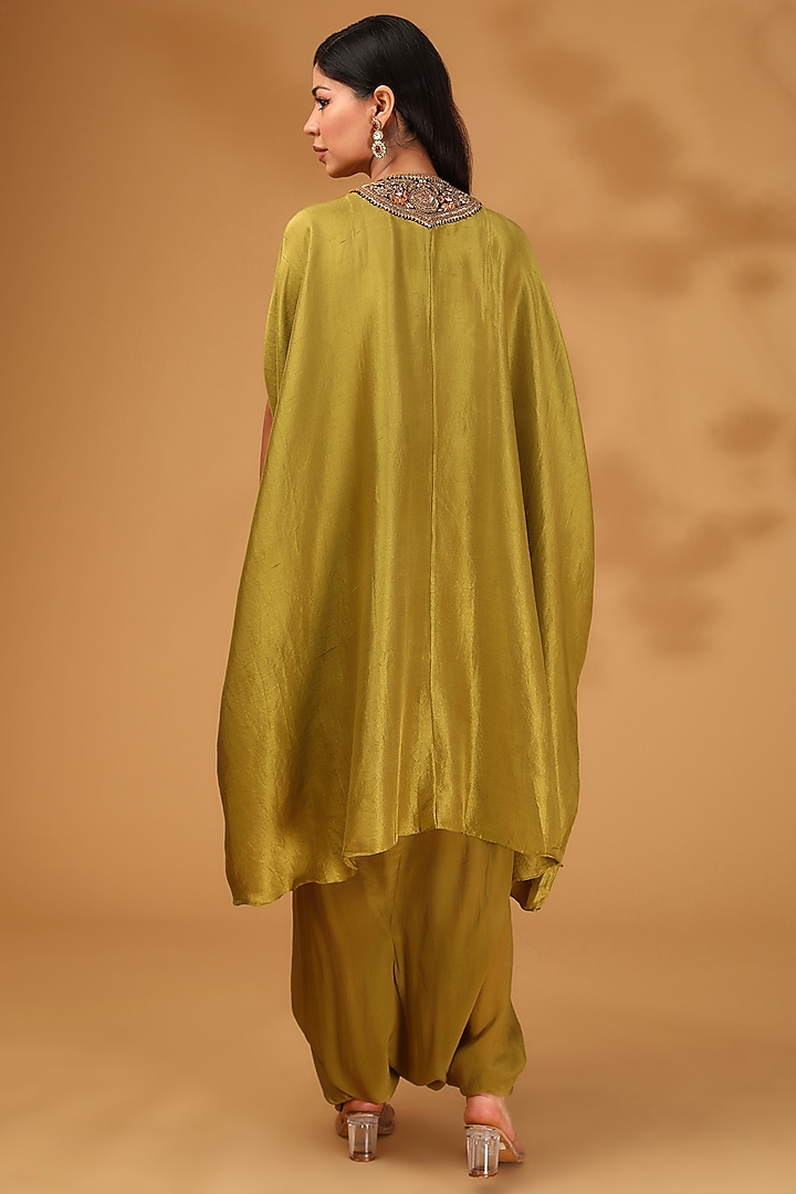 Olive Green Silk Dori Embroidered Kaftan Set by Prisho at Pernia's Pop Up Shop