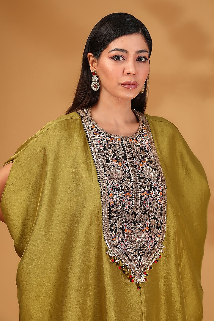 Olive Green Silk Dori Embroidered Kaftan Set by Prisho at Pernia's Pop Up Shop