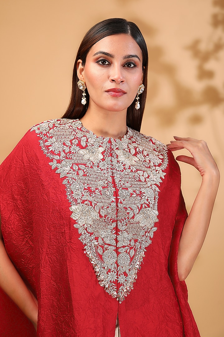 Red Silk Lampi Embroidered Kaftan Set by Prisho at Pernia's Pop Up Shop