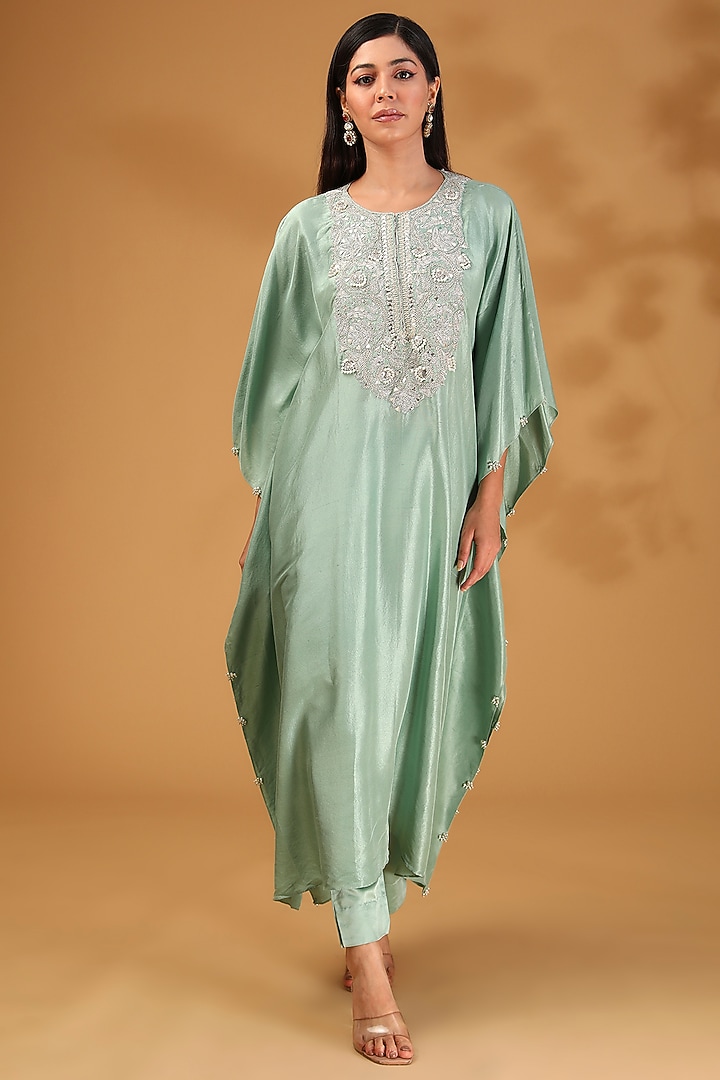Olive Green Silk Dori Embroidered Kaftan Set by Prisho at Pernia's Pop Up Shop