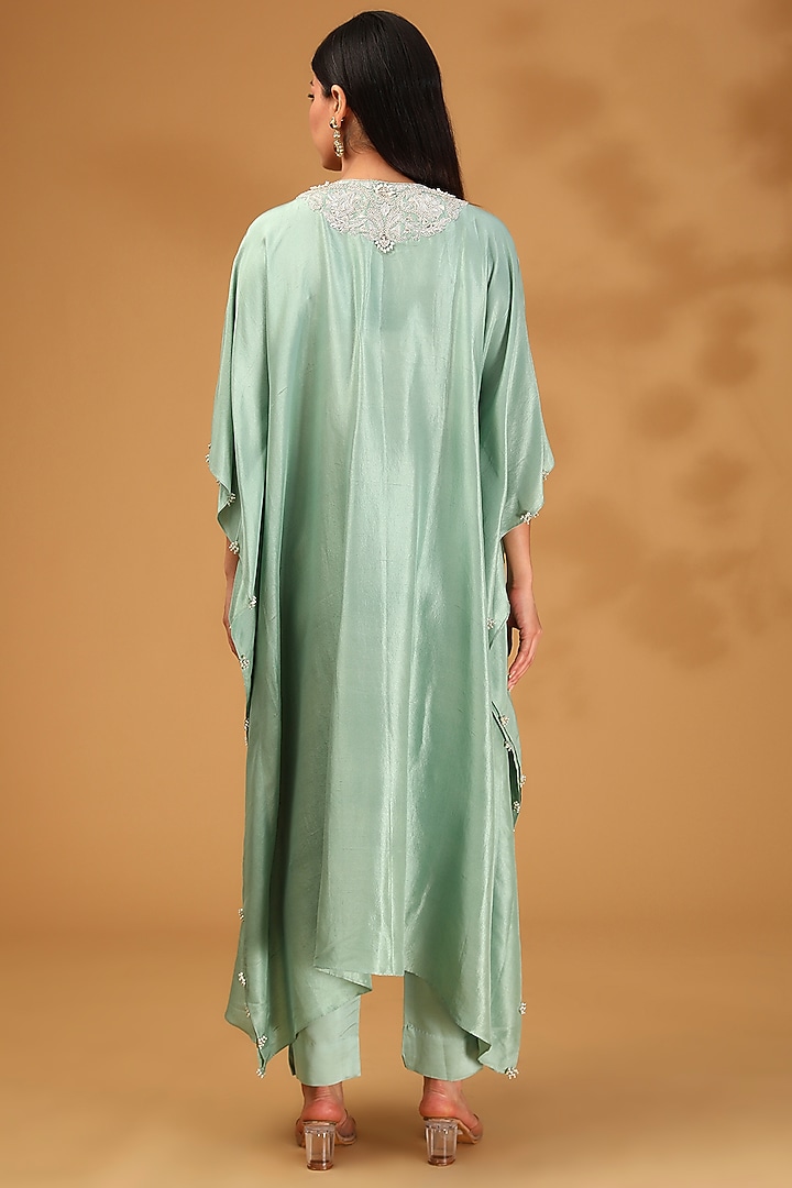 Olive Green Silk Dori Embroidered Kaftan Set by Prisho at Pernia's Pop Up Shop