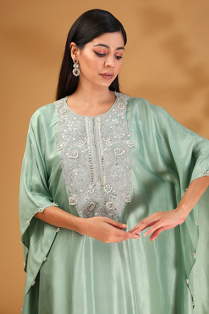 Olive Green Silk Dori Embroidered Kaftan Set by Prisho at Pernia's Pop Up Shop
