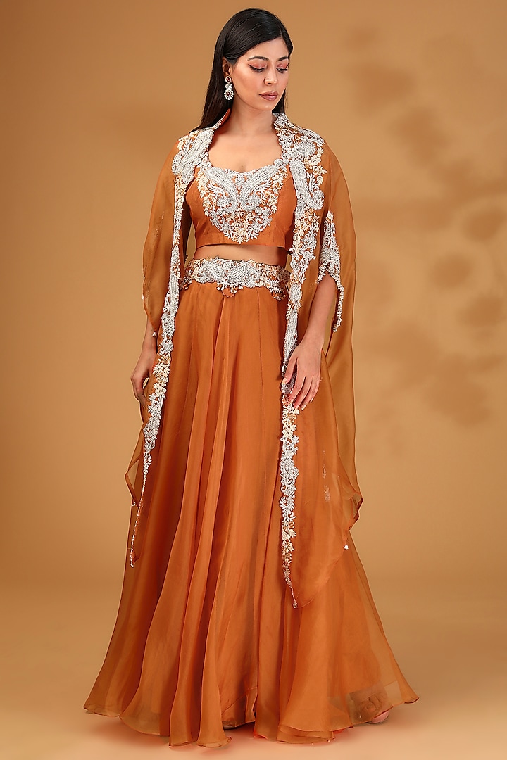 Rust Crepe Embroidered Jacket Wedding Lehenga Set by Prisho at Pernia's Pop Up Shop