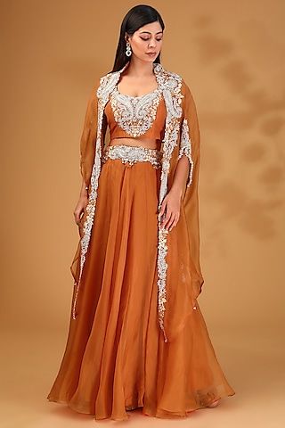 Rust Crepe Embroidered Jacket Lehenga Set by Prisho