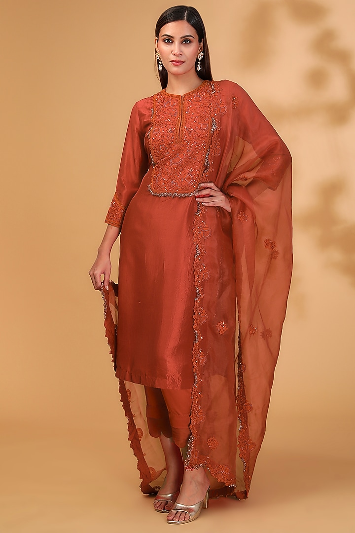 Deep Orange Silk Resham Embroidered Kurta Set by Prisho at Pernia's Pop Up Shop