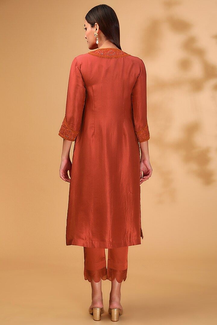 Deep Orange Silk Resham Embroidered Kurta Set by Prisho at Pernia's Pop Up Shop